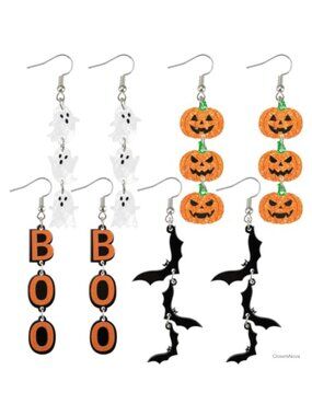 Acrylic Halloween Dangle Earrings Set Ghost Bat Pumpkin Boo Drop